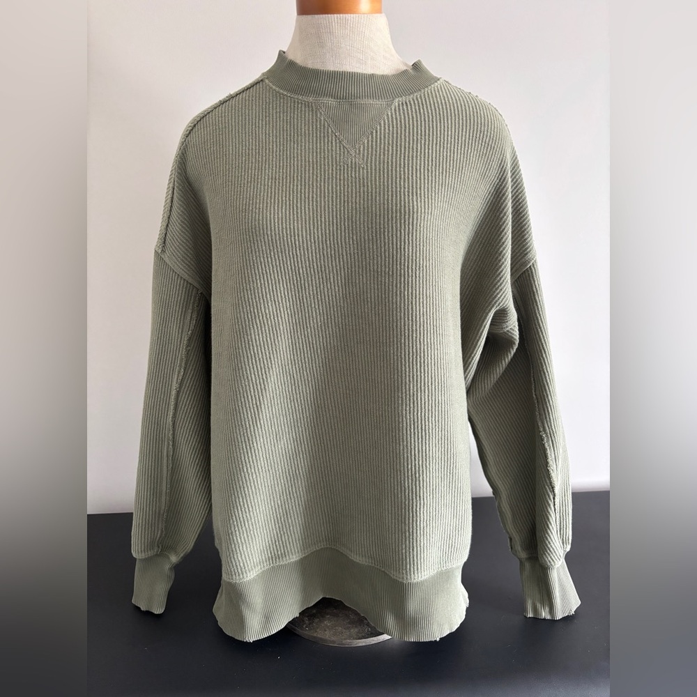AERIE Ribbed Henley Top in a Light Army Green Distressed Look